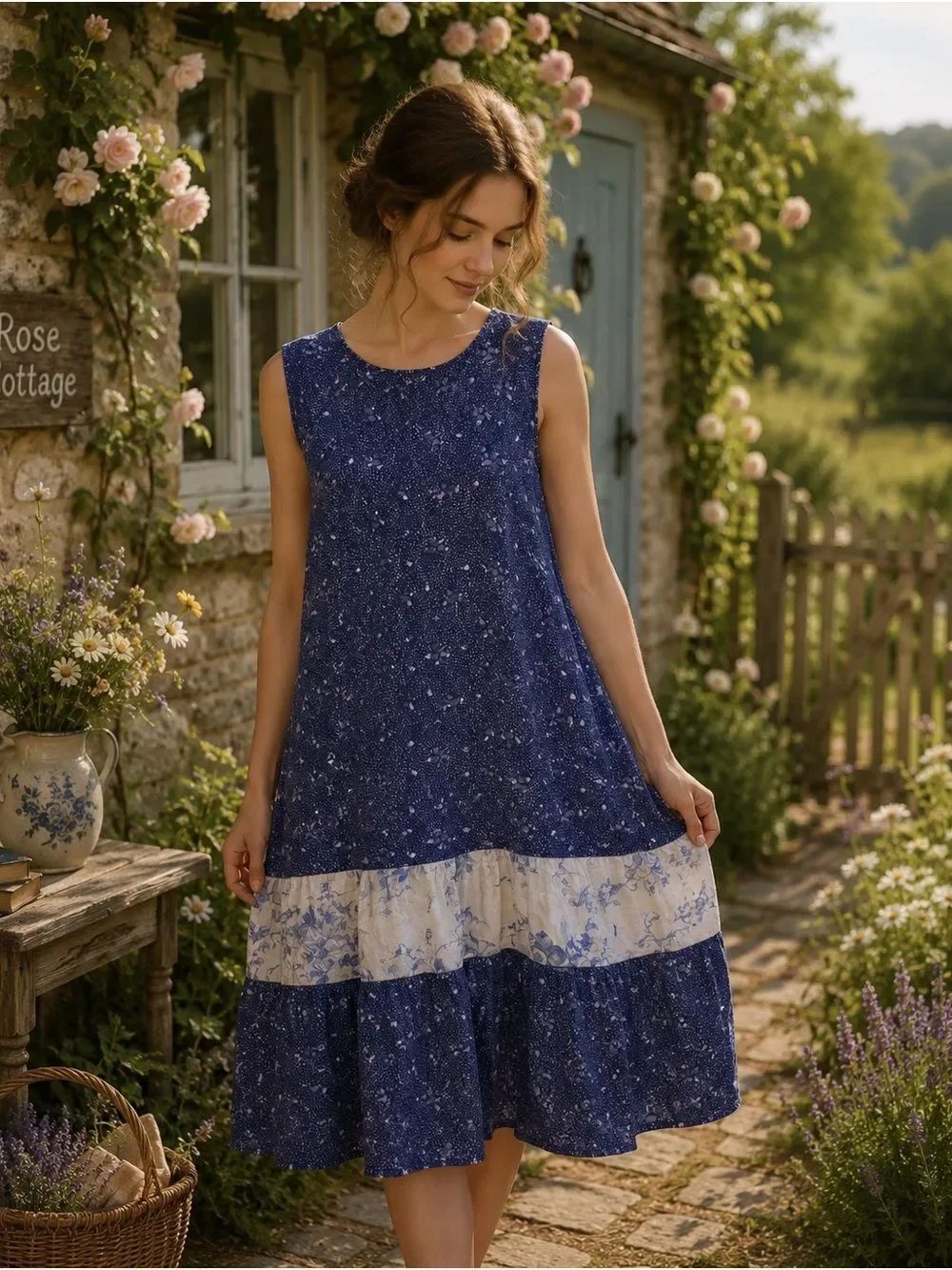 Cottage Core Blue Floral Tiered Sleeveless Dress